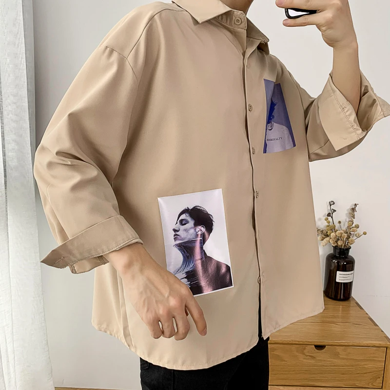 Рубашки с рукавом три четверти для мужчин 5xl рисунок печати Корейская одежда Повседневная рубашка Весна Лето хип хоп уличное платье мужской CS43