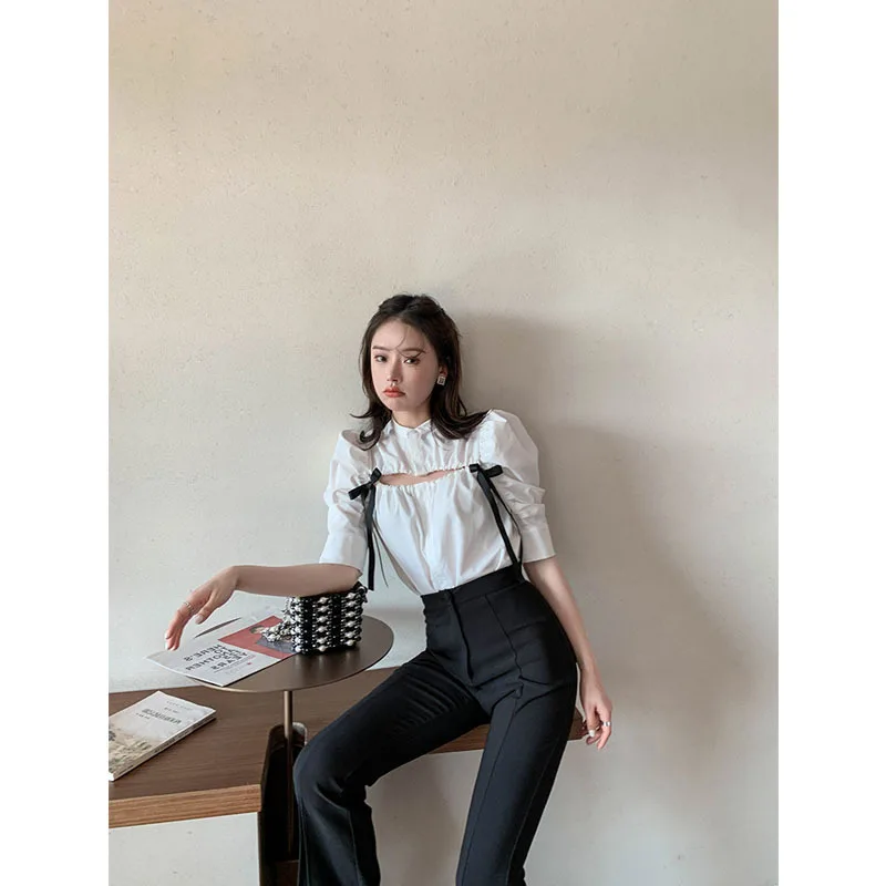 

Women Short Tops Shirring Hollow Shirts Y2K Puff Sleeve High Street Button Bow Design Girl's Group Sweet Summer Female Tops