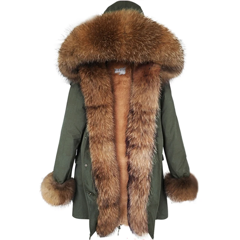 

Winter parka real fox fur collar hooded thick warm artificial rex rabbit fur liner fashion luxury fur coat jacket