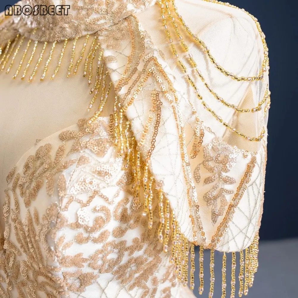 

Ball Gown Prom Dress Gold Shining Sequins Tassel Beads Halter Collar Plus Size Evening Gown Prom Party Formal Dresses Lace Up