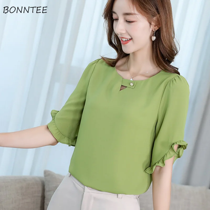 

Shirts Women Korean Style Elegant All-match Trendy Simple Comfortable Daily Womens Clothing Solid Color Casual Short Sleeve Chic