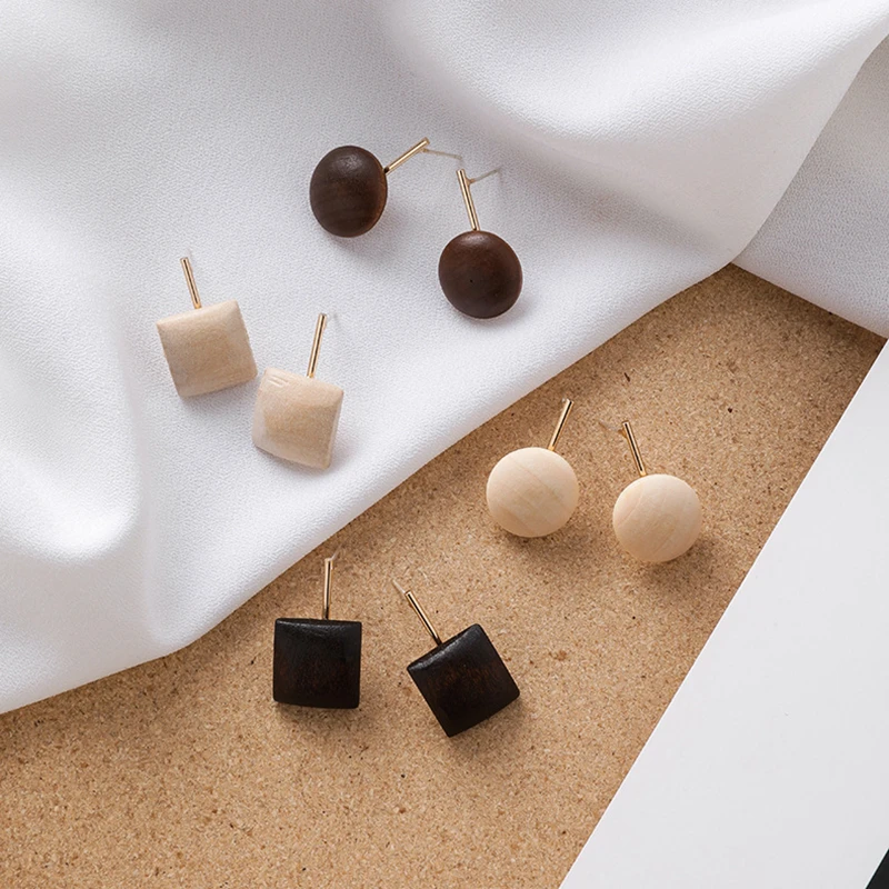 Корейские маленькие деревянные серьги гвоздики квадратные круглые