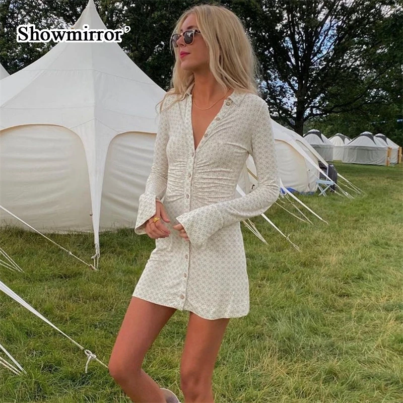 

Showmirror Fashion Print Shirts Dress Single Breasted Club Outfit for Women Fall Winter Long Sleeve Chic Mini Dresses Clothes