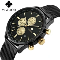 wwoor top brand luxury men fashion black mesh strap quartz sports waterproof chronograph calendar wristwatches relogio masculino