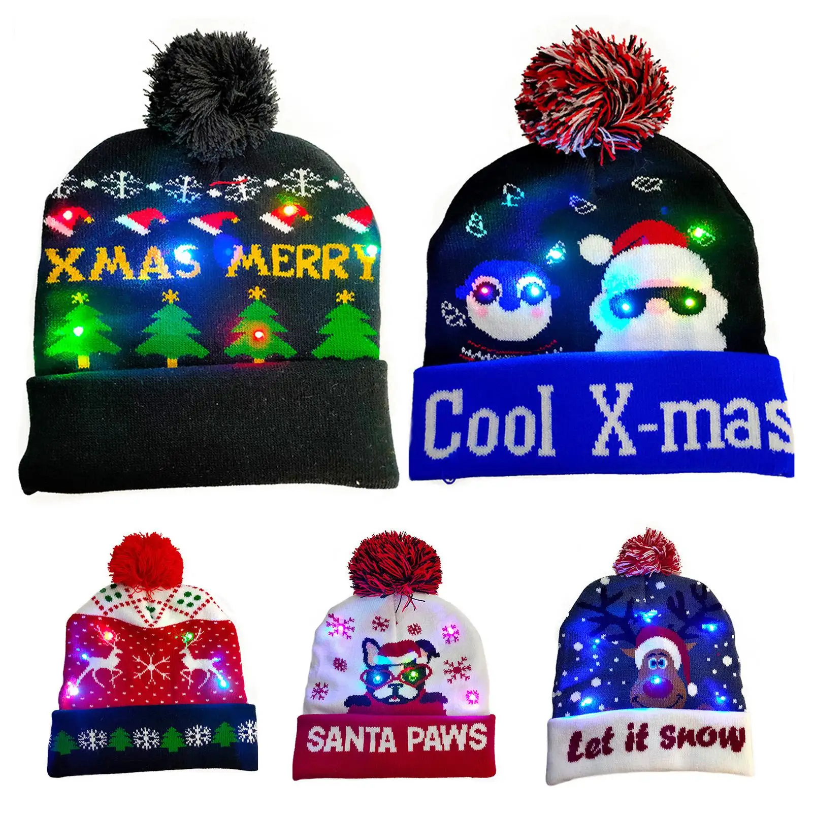 

Winter Merry Christmas Pompom Hat Cap LED Light-up Warm Knitted Beanie Gift for Christmas party