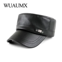 wuaumx new pu leather military hats for men flat top military cap simple army cap solid black autumn winter dad hat faux leather