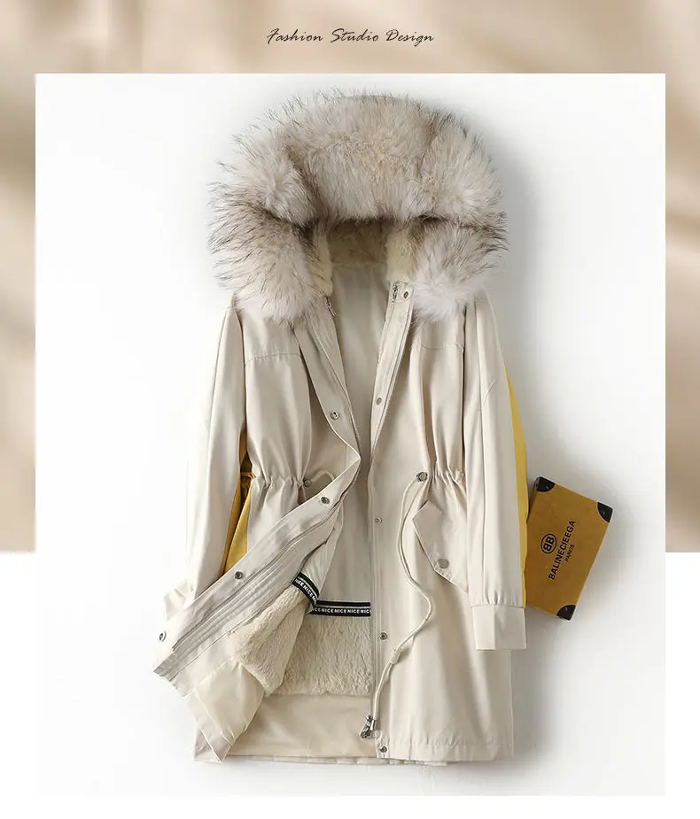 

2021 new style pai overcome coat middle long waist raccoon hair hooded rabbit hair inner bravery woman's winter coat