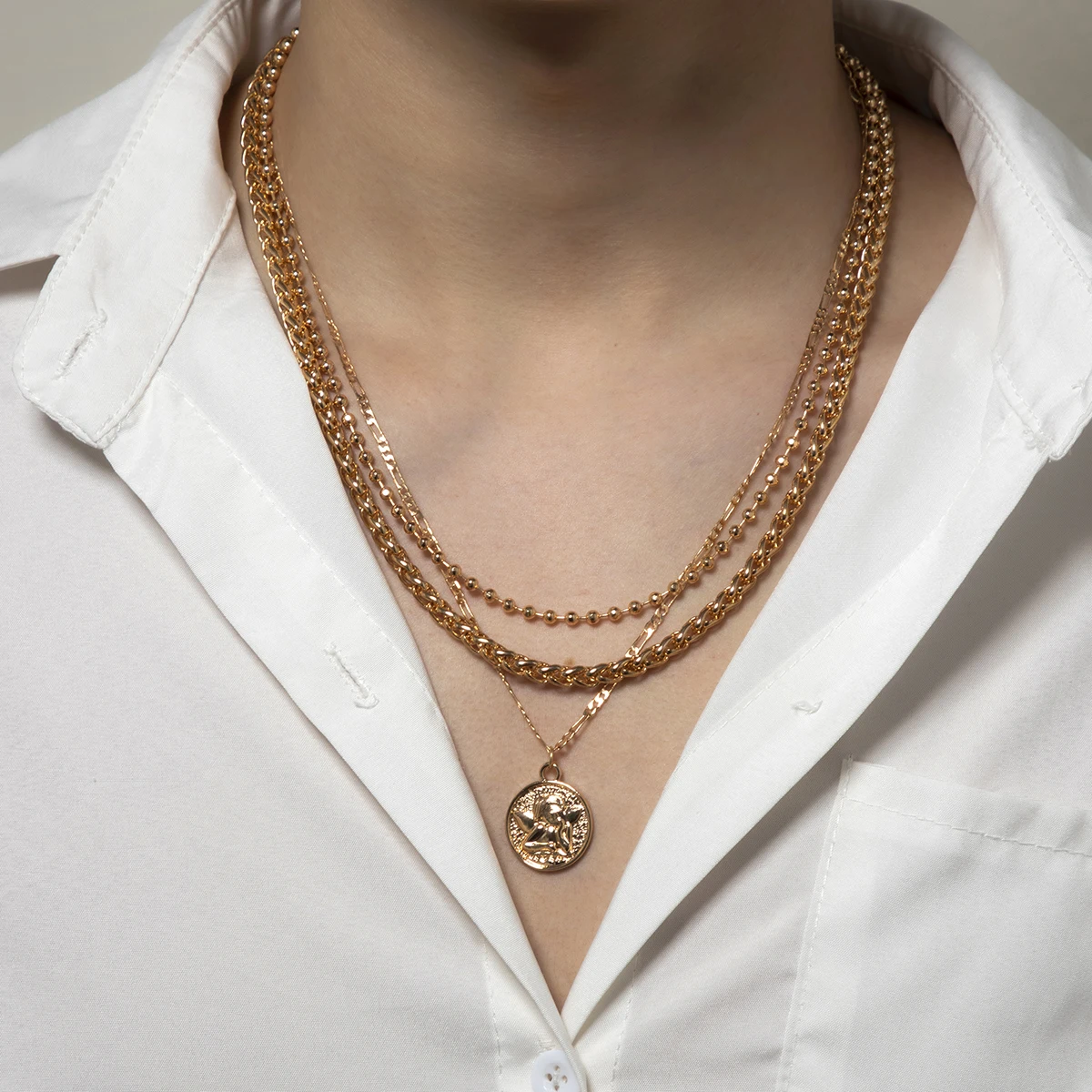 

Punk Layered Chain with Coin Pendant Necklace for Men/Women Vintage Portrait/Angel Necklaces 2022 Fashion Jewelry Chains on Neck