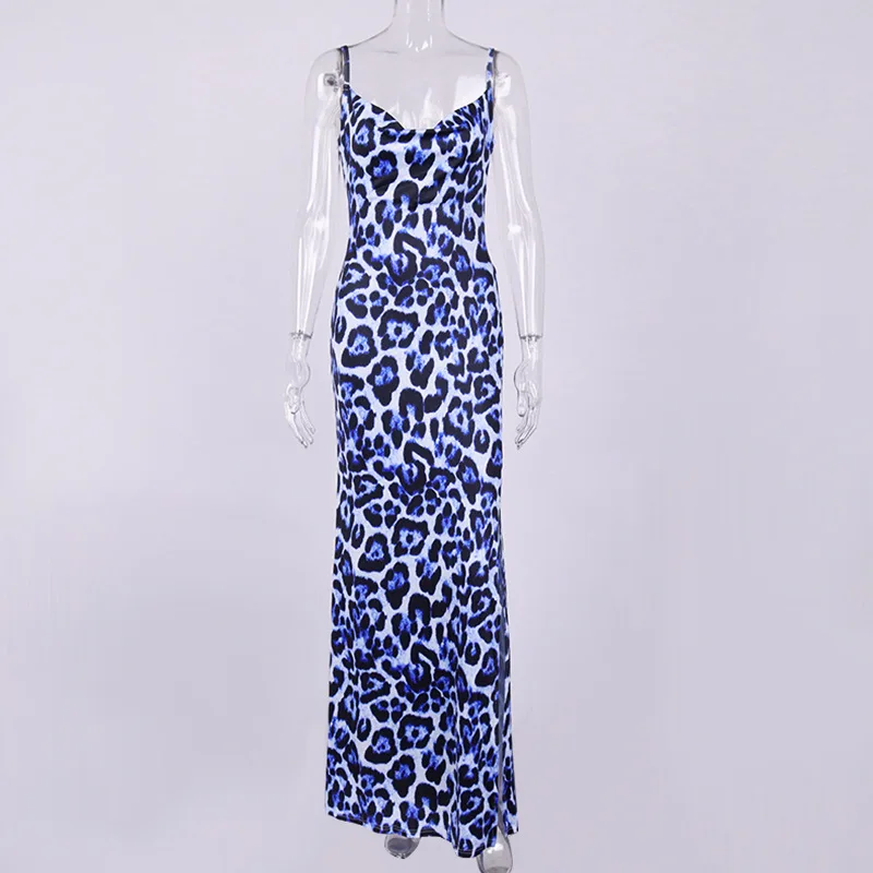 

Sexy Splited Beach Holiday Style Leopard Print Dress Ladies Summer Sexy Sling Long Dress Sleeveless Elegant Women Dresses 2021