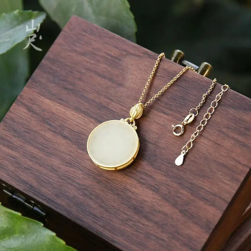 

Natural Hetian White Jade Double-Sided Wearing Pendant S925 Sterling Silver Jade Necklace Classical Elegant Gorgeous
