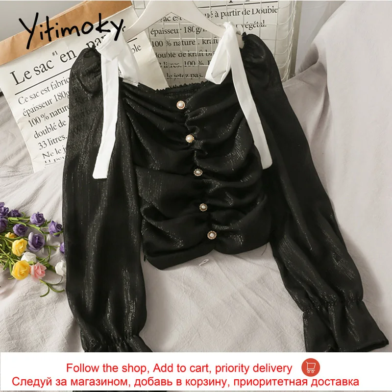 

Yitimoky Women Shirts Blouses Long Sleeve Top Spring 2021 New Fashion Ladies Clothes Short Slash Neck Flare Sleeve Folds Tops