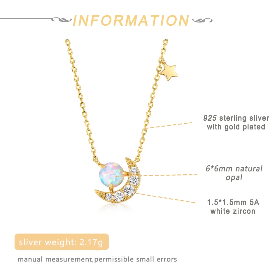 

ALLNOEL 925 Sterling Silver Synthetic Opal 5A Zircon Crescent Moon Pendant Necklace For Women 2021 New Trendy Fashion Jewelry