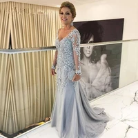 blue 2021 mother of the bride dresses mermaid v neck long sleeves tulle appliques beaded groom long mother dresses for wedding