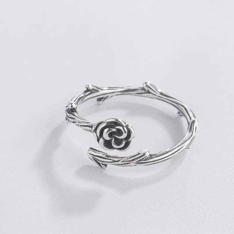

[One Orange] Sterling Silver Ring Women's Retro Thorn Rose Unique No Color Fading Open Adjustable Index Finger Ring