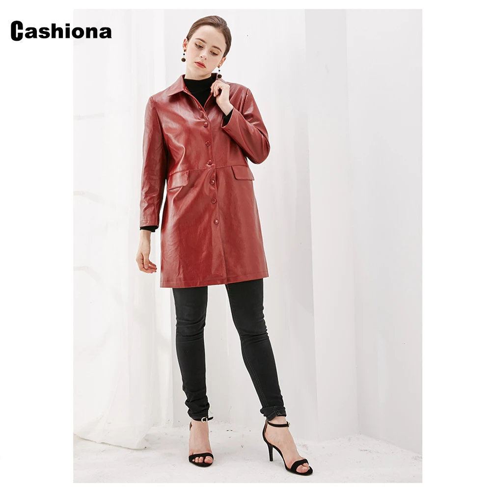 Cashiona 2021 New Faux Pu Leather Jackets Women Long Outerwear Single Breasted Coat Slim Overcoats Black Red Womens Tunic Jacket enlarge