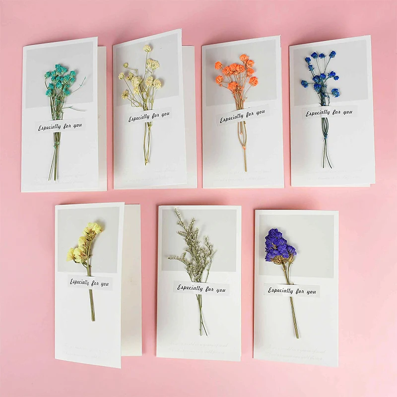 

5pcs Gypsophila Dried Flower Greeting Card Handwritten Blessing Invitations Birthday Wedding Anniversary Party Festival Postcard