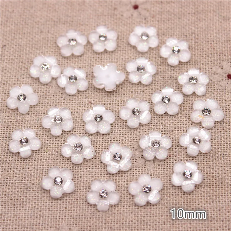 100pcs 10mm Shiny Rhinestone Glitter White Five-Petal Flowers Resin Flatback Cabochon DIY Jewelry/Phone/Nail Art Decoration | Дом и сад