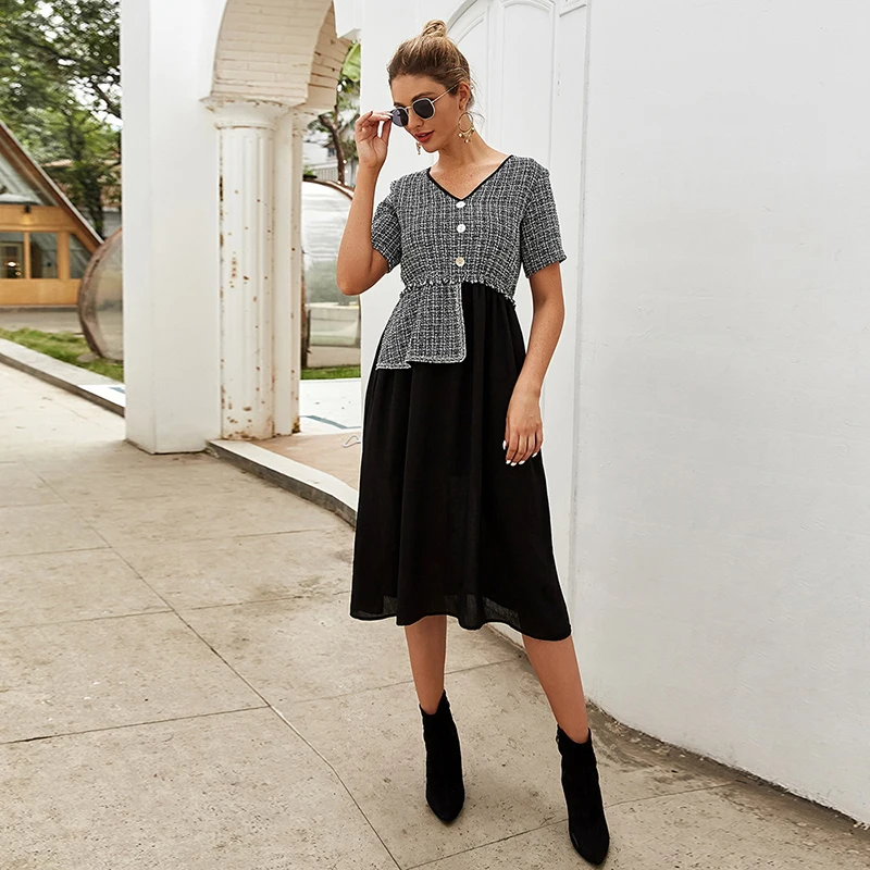Модное женское элегантное офисное платье клетчатое лоскутное длинное макси для
