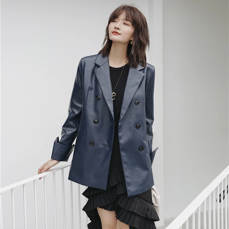 Куртка женская винтажная из искусственной кожи с отложным воротником двубортное