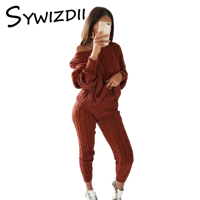 

Зимний свитер и брюки SYWIZDII, женские комплекты, трикотажный велюровый тренировочный костюм с открытыми плечами и длинным рукавом, одежда для...