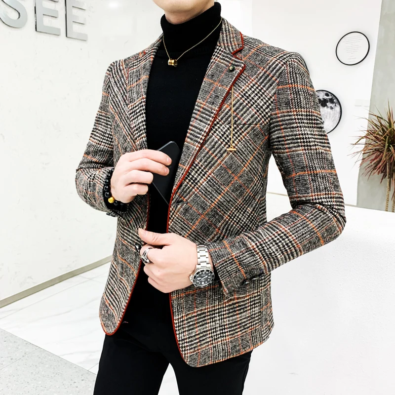 

British Style Plaid Blazer for Men Suit Jacket Casual Woolen Wedding Dress Coat Single Business Male Button Veste Costume Homme