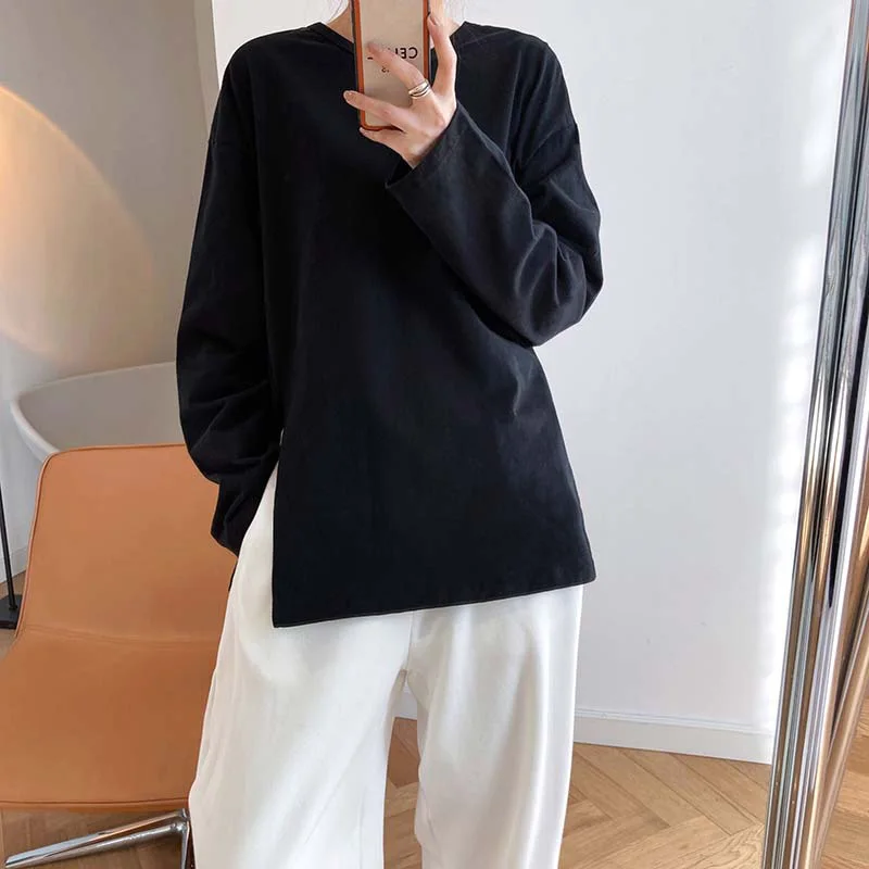 

Spring and autumn women's casual solid color round neck long sleeve loose T-shirt
