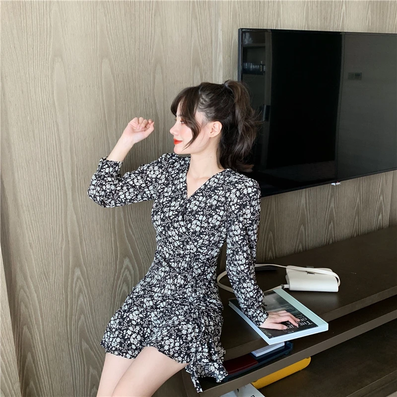 

Spring Summer Vintage Long Sleeve Dress for Woman V-neck Fashion Brand Print V-neck Mini-dresses Evening Party Ladies New
