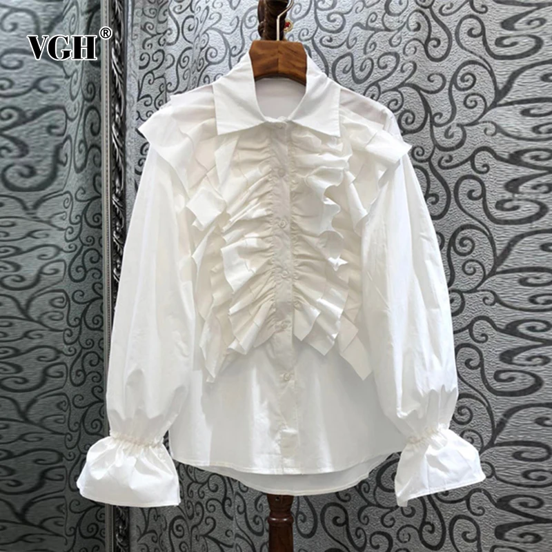 

VGH Casual White Ruffle Patchwork Shirts Women Lapel Long Sleeve Korean Straight Solid Fashion Woman Blouses 2021 Spring Clothes