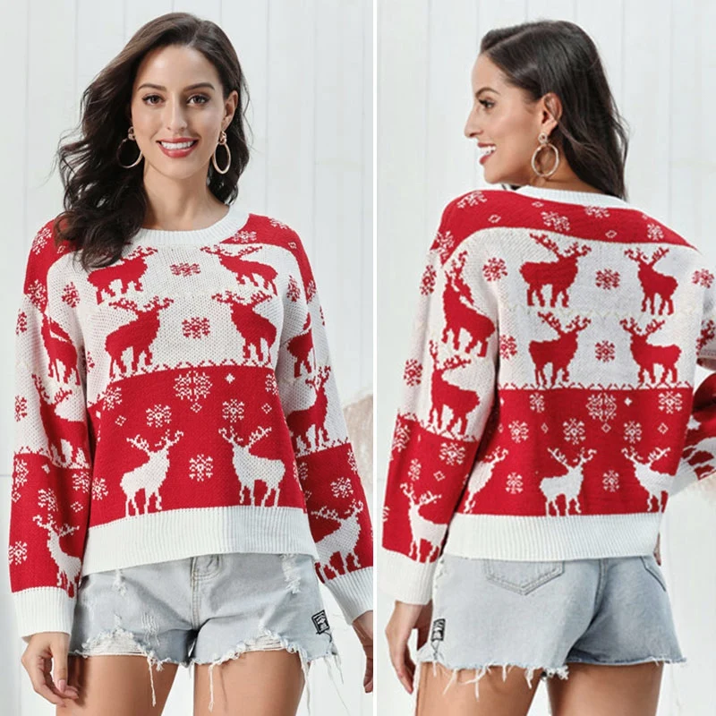 

Christmas Women Sweater Elk Xmas Printing Long Sleeve O-Neck Christmas Knitting Pullover Sweater Top Jumpers White