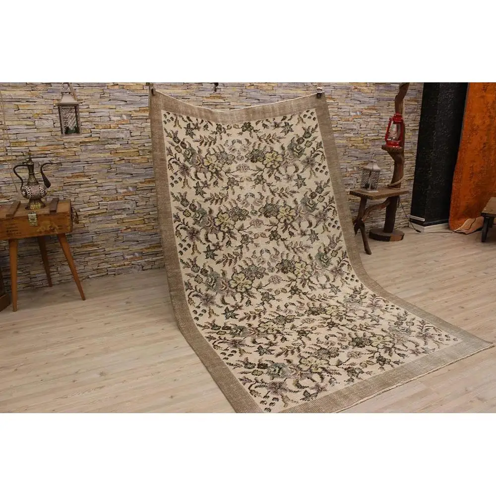 Ручной завязанный турецкий старинный ковер бежевый цветочный коврик с