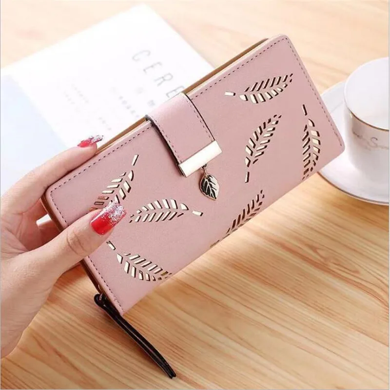 

Women Wallet PU Leather Purse Female Long Wallet Gold Hollow Leaves Pouch Handbag for Women Coin Purse Card Holders Clutch