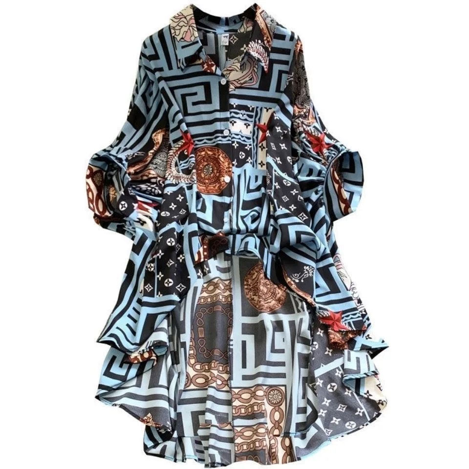 

2021 Hot Lady Korean Large Big Over Size Fat Women Clothes Long Sleeve Loose Tops Printed Beach Holiday Shirt For Women Fashion