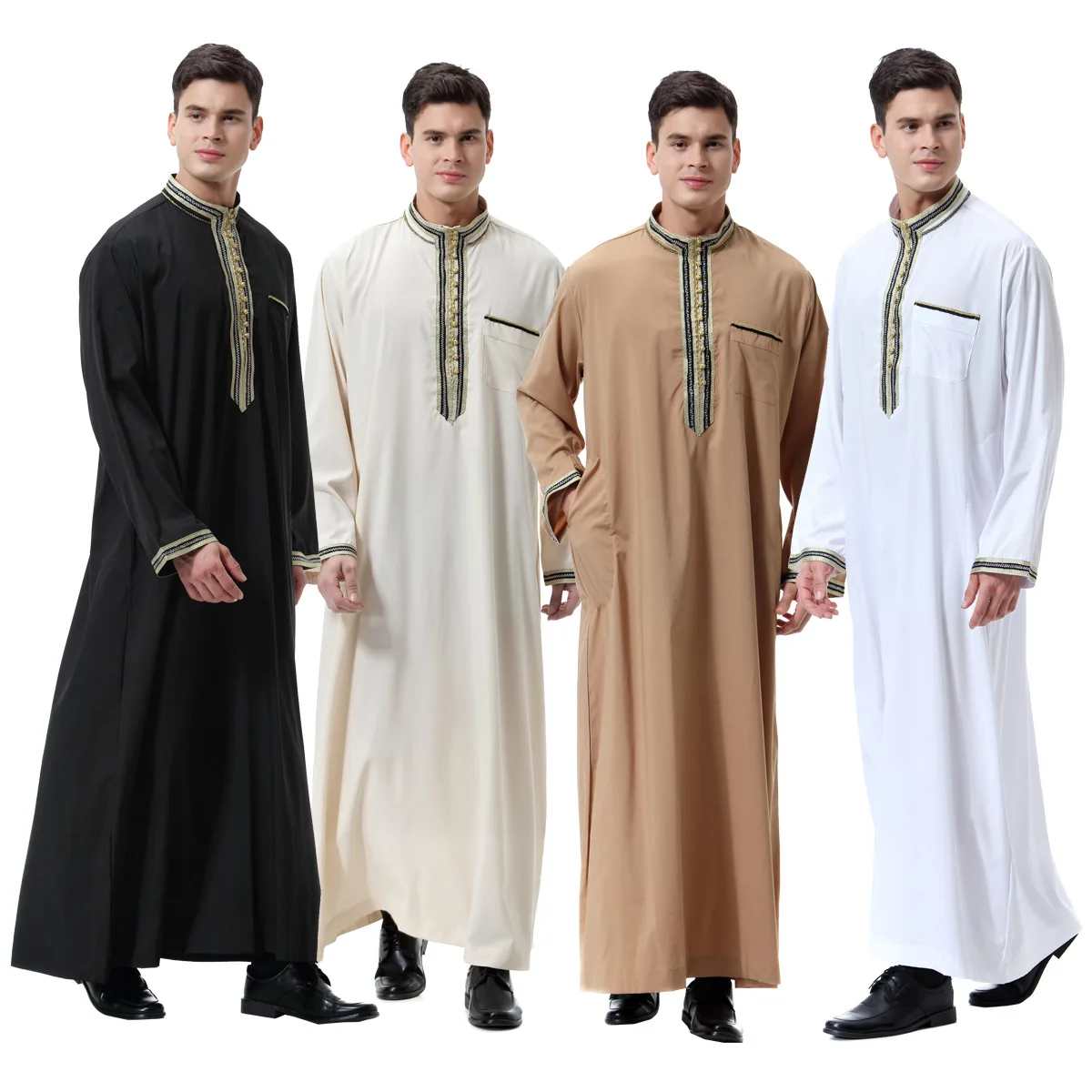 Men's Jubba Thobe Long Sleeve Solid Saudi Arab Thobe Stand Collar Islamic Muslim Dubai Robe