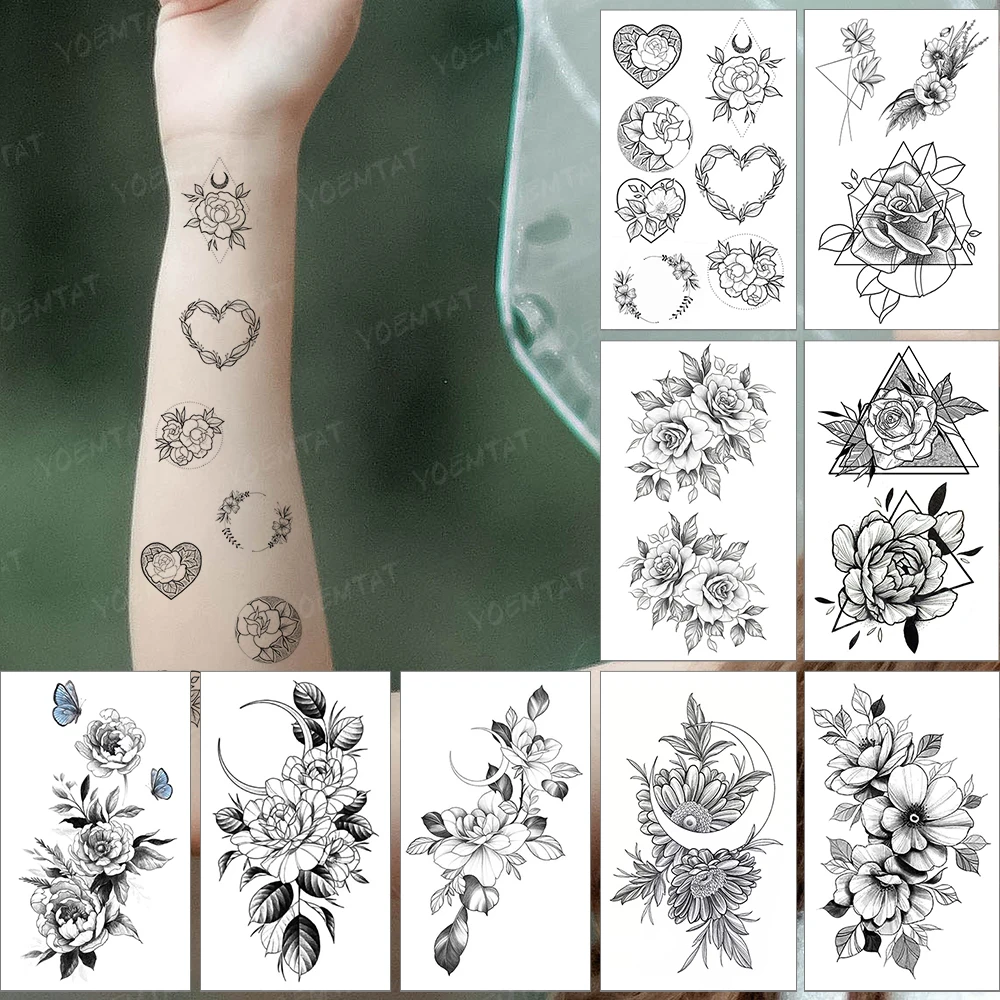 

Waterproof Temporary Tattoo Sticker Heart Shaped Geometric Wreath Rose Flower Black Arm Finger Flash Tatoo Men Women Child Tatto