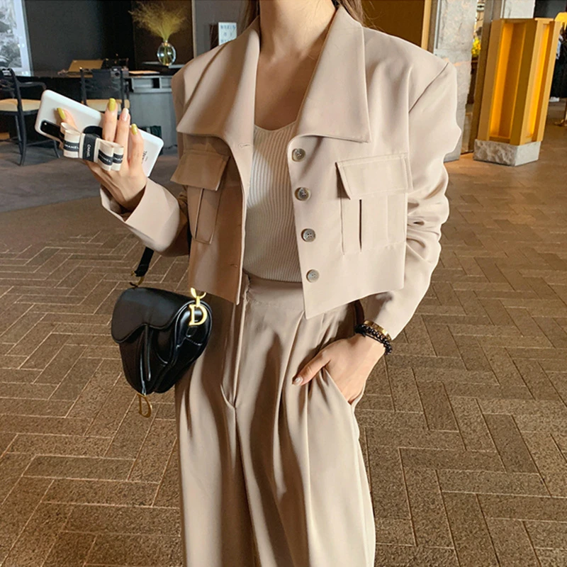 

New Elegant Women's Set 2 Piece Pants Suit 2020 Autumn Korean Short Coat Fashionable Loose Long Pant Trousers Outfits Women