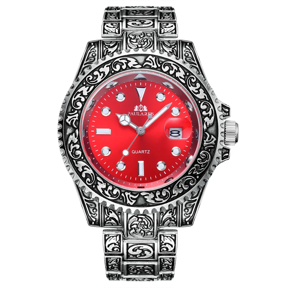 Silver Red Роскошные резные антикварные винтажные светящиеся розовые Золотые желтые золотые серебряные Красные Зеленые Синие градиентные Модные Классические кварцевые мужские часы - Color: Silver Red
