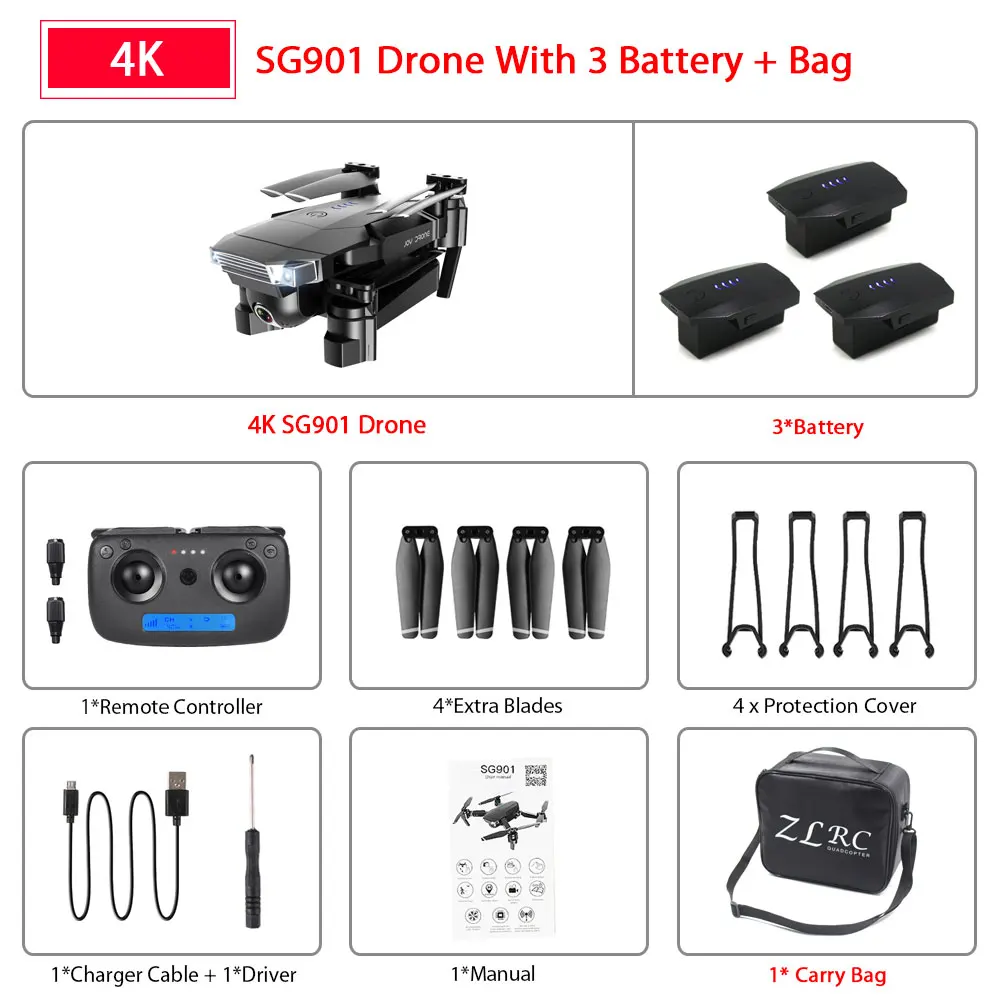SG901 4K 3B Bag ZWN SG907 SG901 gps Радиоуправляемый квадрокоптер с Wifi FPV 1080P 4K HD Двойная камера оптический поток Дрон следуй за мной мини Дрон VS SG106 E502S - Цвет: SG901 4K 3B Bag