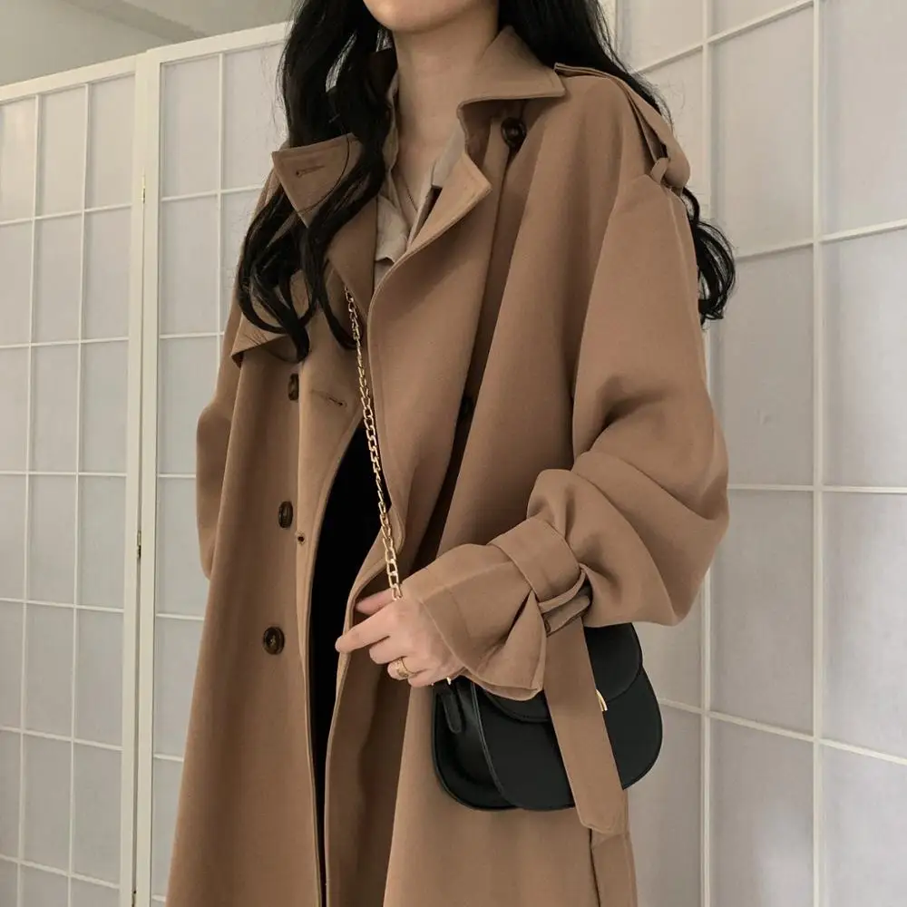 Сезон весна осень 2019 корейская женская куртка модное двубортное Тренч свободный