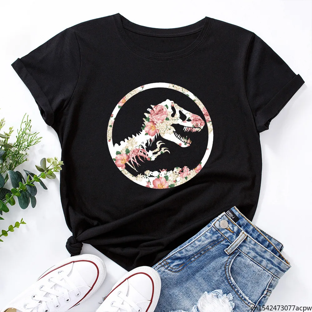

Tshirt Harajuku Women Flower Dinosaur Print Short Sleeve T-shirt Plus Size Woman Clothes Funny Graphic Tops