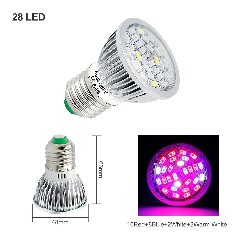 E27 28LEDs Полный спектр светодиодный светильник для выращивания E27 лампа для садовых цветущих растений система гидропоники AC 85-265 в коробка для выращивания растений - Испускаемый цвет: E27 28LEDs