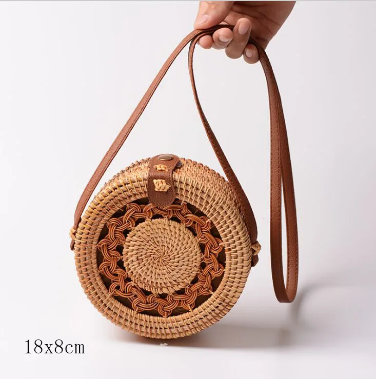 Tan A 18X8cm Солнечный пляж, ручные тканые сумки, круглая сумка с пряжкой, Ротанговые соломенные сумки, ранец, богемная пляжная круглая сумка - Цвет: Tan A 18X8cm