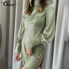 Celmia 2021 женское атласное платье с длинным рукавом, элегантный вечерний вечерние-сарафан на пуговицах с высоким воротником, Повседневная Однотонная рубашка с разрезом, платье