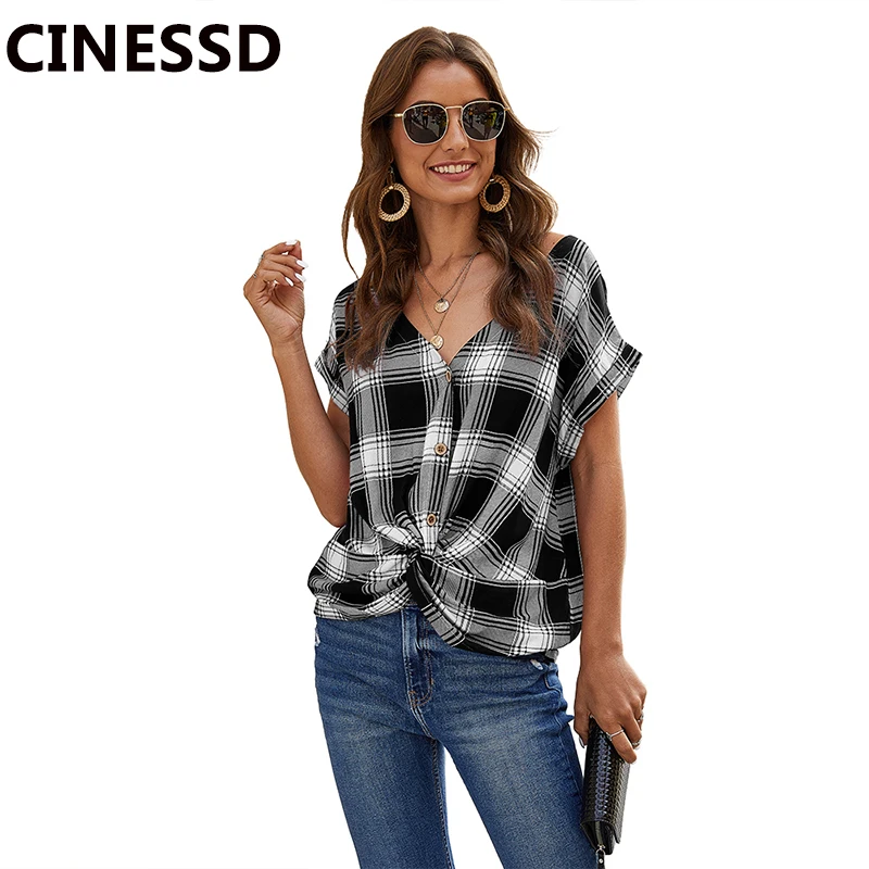 Женский клетчатый Топ CINESSD Черный Повседневный пуловер на пуговицах с коротким