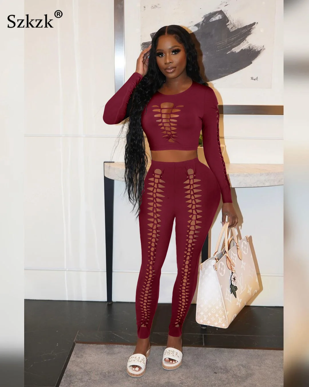 

Szkzk Hollow Out Sexy 2 Piece Set Women Club Outfits Long Sleeve O Neck Crop Top And Pencil Pant Black Tight Pant Suits 2021