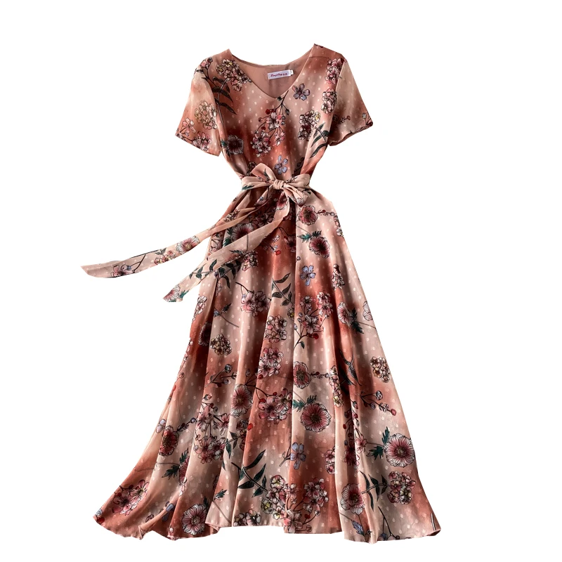 

v-neck chiffon dress in the summer of 2021 show superb posed elegant floral fairy temperament show thin dress