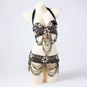 Костюм племенного танца живота из 2 предметов с ракушками, бюстгальтером и поясом, с корпусом монет, латунные лоскуты с цепочкой и бахромой