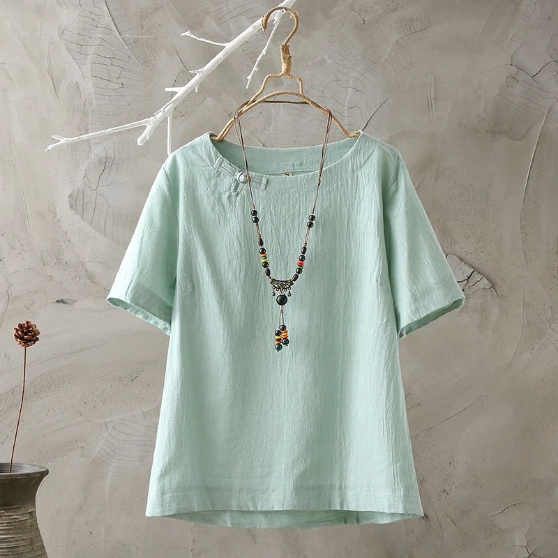 

Art Frog Button Cotton and Linen T-shirt Women's Half Sleeve Solid Color Zen Tea Gown 2021 Summer Loose Large Size Linen Fabric