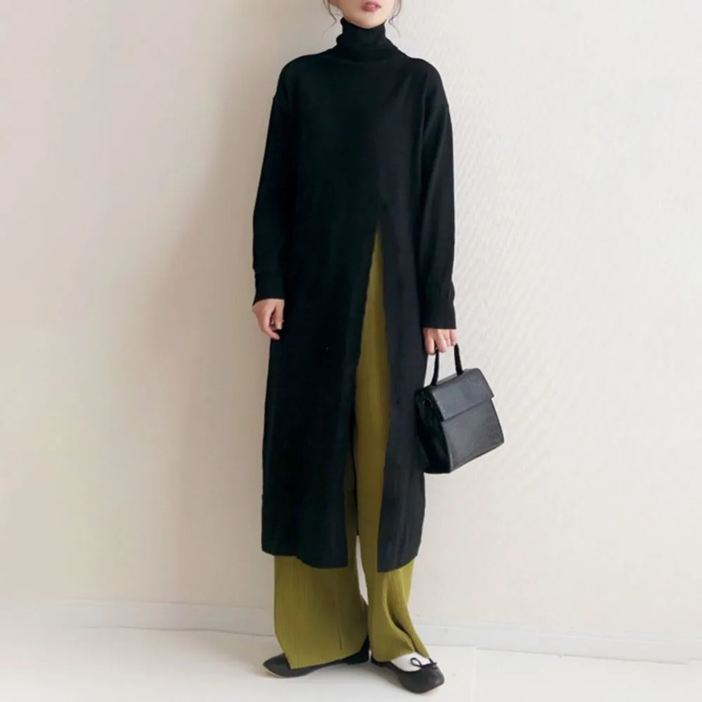 Женский Длинный свитер с высоким воротником черный вязаный Топ разрезом и