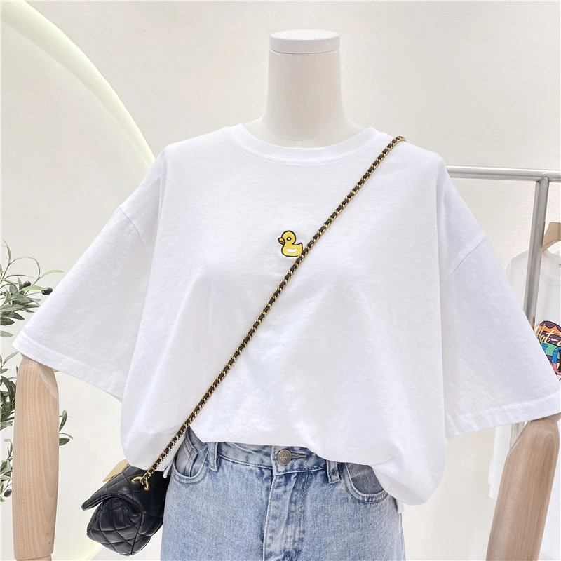 

2021 Summer Female Simple Embroidery Pattern Korean Tee Loose Round Neck White Short-Sleeved T-shirt Women Cotton Fashion Top