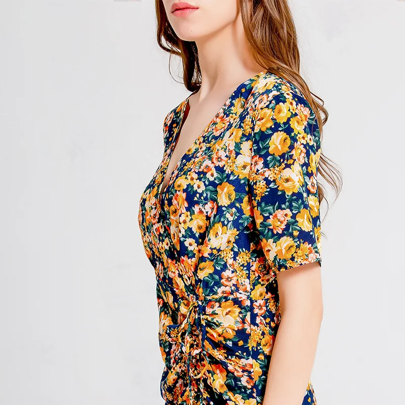 

Hot 2020 New Spring and Summer Sexy V-Neck Printing Dress Fashion High Waist A-lineFloral Dress Women